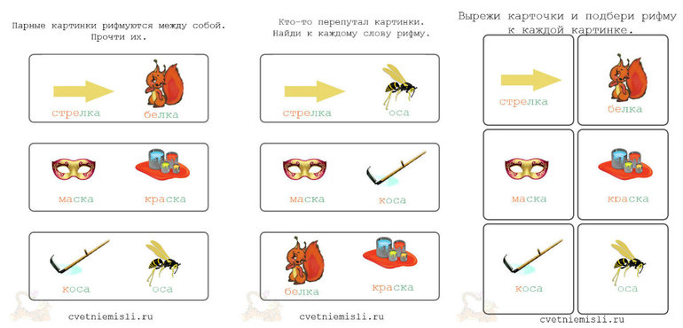 Слова которые ты видишь возле рисунков рифмуются с названиями изображенных на рисунках предметов