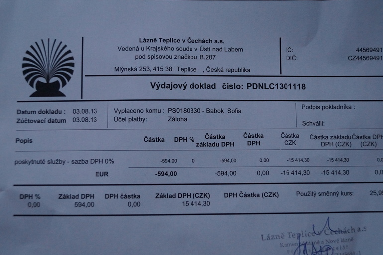 Отчет о потраченных средствах в санатории Новый г.Теплице Чехия