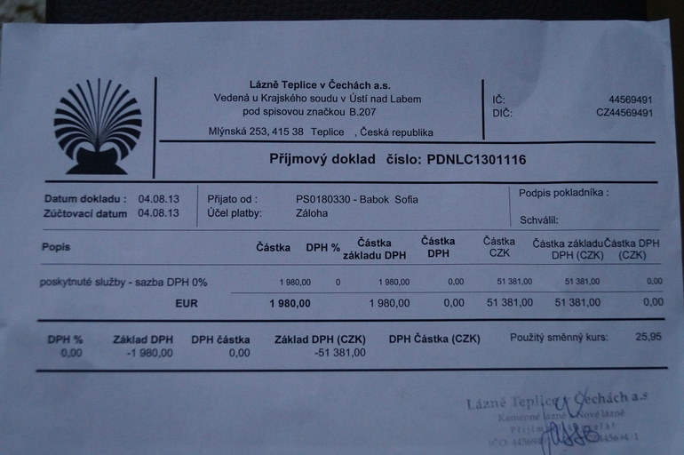 Отчет о потраченных средствах в санатории Новый г.Теплице Чехия