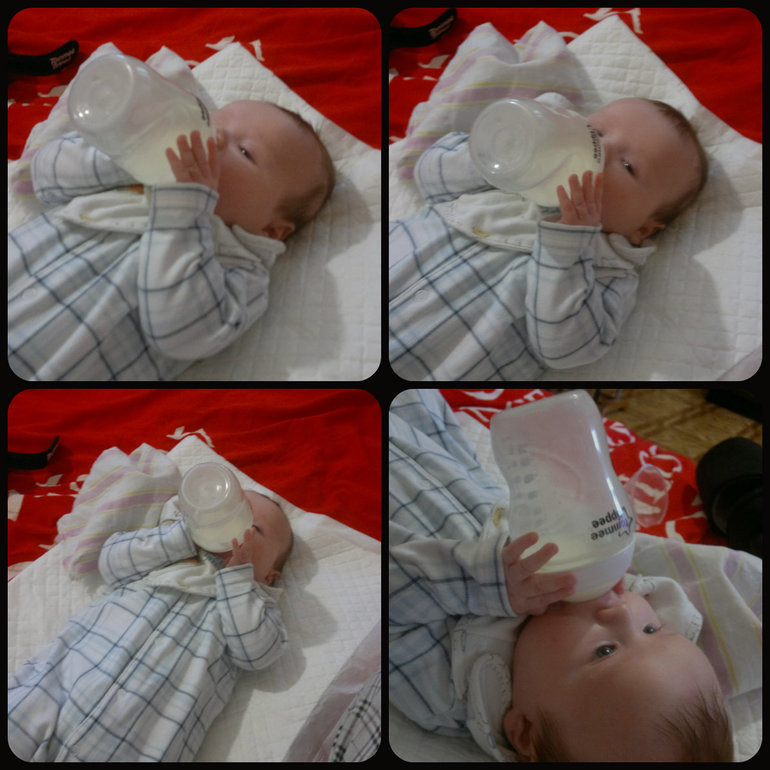 2.5 мес)) Уже 2 раза сами хватали бутылочку и кушали))))) Я в шоке!!! Детки только в 5 мес держут!)))